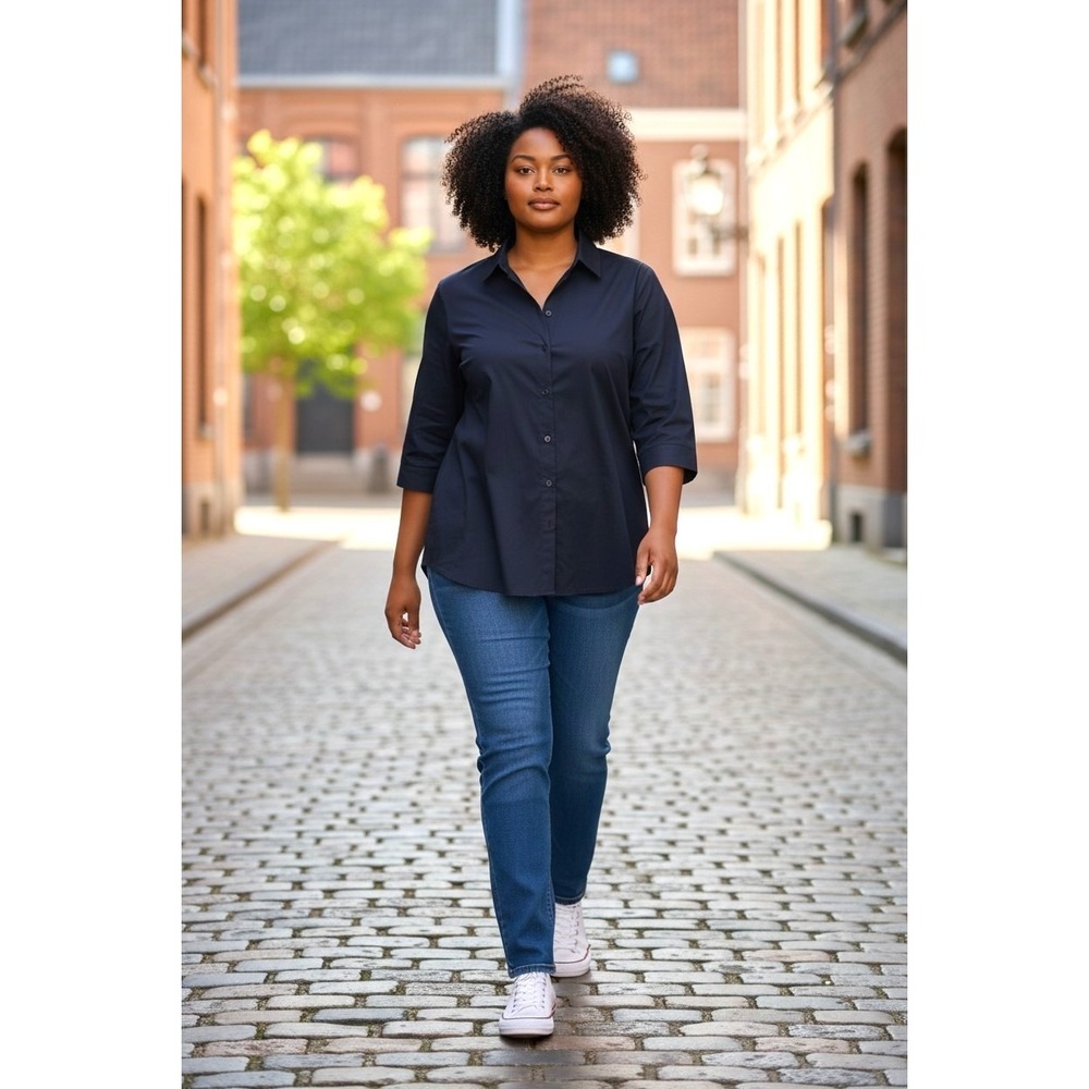 (B-203) Joan Rivers Women's Button Front Shirt Navy Blue Stripe Back Tunic Top S